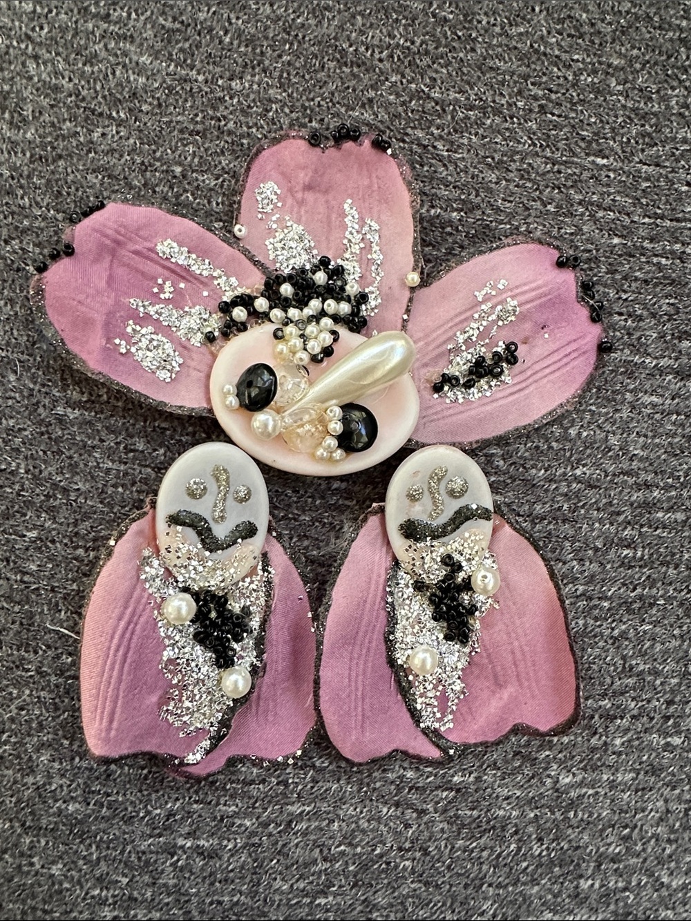 Vintage Handcrafted Pink Floral Pearl & Crystal Brooch earring Set 90s
